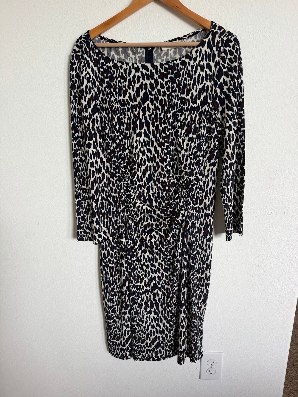 Tory Burch Cheetah Print Ruched Front Waist Dress Size XLNavy Brown Workwear